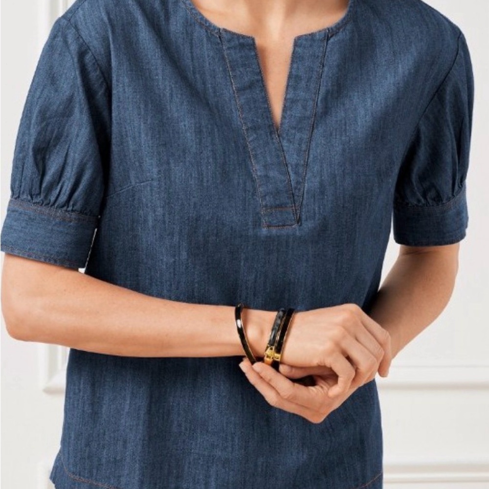 NWT Talbots Denim Short Sleeve Peasant Top in Dark Blue Size M - Picture 2 of 11